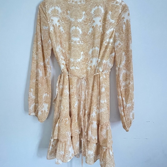 Long Sleeve Tan & White Printed Dress - Picture 5 of 9